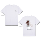 Basic T-Shirt Premium 100% COTTON 200 GSM Front view of White streetwear tee with "Live the Moment" on chest. Back features two coconut trees over a gray rectangle with an inverted contrast effect. A black "VACATION" block overlaps the trees above "PHILIPPINES" text. Only @ Tintahan-on-Thread