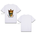 Basic T-Shirt Premium 100% COTTON 200 GSM Front and back view of a White streetwear tee. The front features a large, detailed 10x13.5 inch graphic of a realistic skull wearing a majestic gold crown adorned with red gems. Two golden swords flank the skull at the bottom. Below the graphic, the text "WISDOM CARVED IN AGES" is printed in a sharp, modern black font. The design uses rich golden-yellow and dark teal tones for a high-contrast, premium look. Only @ Tintahan-on-Thread