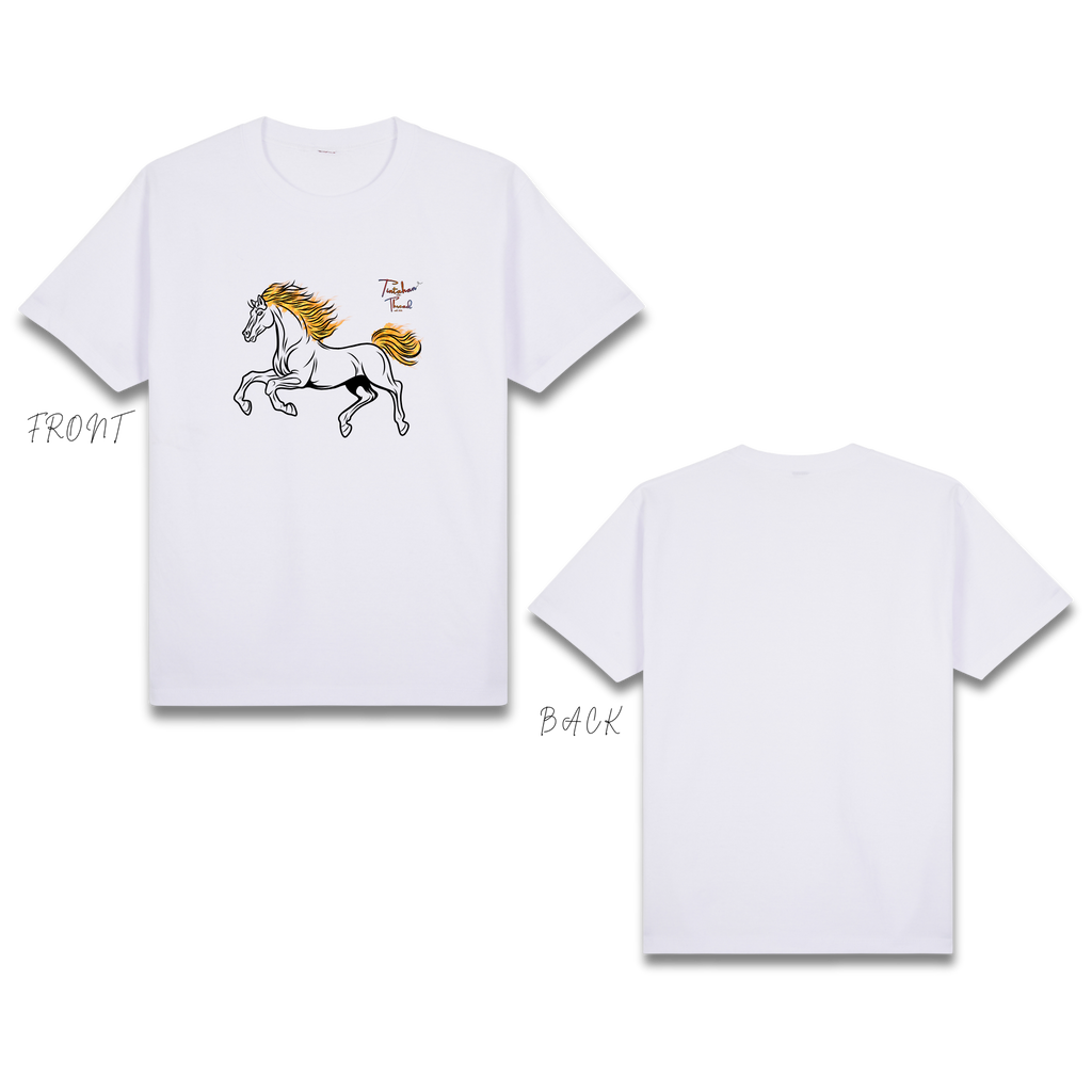 Basic T-Shirt Premium 100% COTTON 200 GSM 
Front and back view of a White streetwear tee. The front features a 9.5x8 inch minimalist line art graphic of a galloping horse. The horse's body is rendered in clean black lines, while its mane and tail are accented with vibrant orange and yellow flame details. The design is centered on the chest, creating a high-contrast, modern aesthetic. Only @ Tintahan-on-Thread