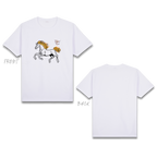 Basic T-Shirt Premium 100% COTTON 200 GSM 
Front and back view of a White streetwear tee. The front features a 9.5x8 inch minimalist line art graphic of a galloping horse. The horse's body is rendered in clean black lines, while its mane and tail are accented with vibrant orange and yellow flame details. The design is centered on the chest, creating a high-contrast, modern aesthetic. Only @ Tintahan-on-Thread