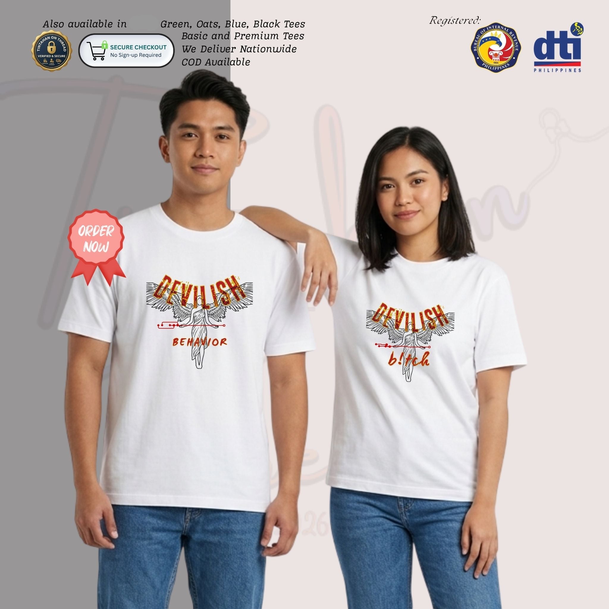 Basic T-Shirt Premium 100% COTTON 200 GSM
Front of a Filipino woman wearing White streetwear tee. The front features a large 11x11 inch Gothic angel silhouette in intricate line art. The angel is overlaid with distressed red "DEVILISH" text and a bold, orange-to-red gradient "b!tch" script. The design uses adaptive contrast (dark lines on white fabric) to maintain a sharp, clean aesthetic without sacrificing breathability. Only @ Tintahan-on-Thread