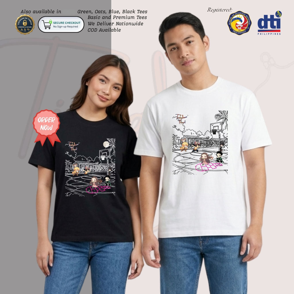 Basic T-Shirt Premium 100% COTTON 200 GSM
Front view of a Filipino woman wearing Black and man white streetwear tee. The front features a large 12x14 inch graphic of a moonlit outdoor basketball court and neighborhood. Chibi-style anime characters are depicted playing a game of pink glowing hopscotch (Piko) on a line art court. The surrounding environment is rendered in intricate white line art, while the characters are in full color, creating a high-contrast, nostalgic aesthetic. Only @ Tintahan-on-Thread