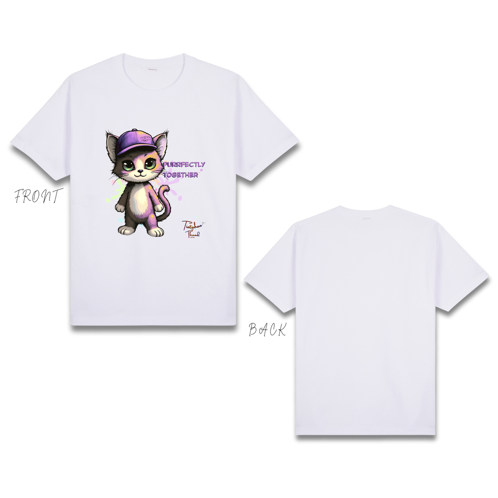 Basic T-Shirt Premium 100% COTTON 200 GSM 
Front view of a White streetwear tee. The front features a large 11x12 inch graphic of a stylized, chibi-style cat wearing a purple baseball cap. The cat’s fur is accented with artistic splashes of purple, lime green, and pink. To the right, the text "PURRFECTLY TOGETHER" is printed in a bold, bubbly purple font with soft pink heart accents. The design uses high-definition inks for a vibrant, high-contrast finish on the white fabric. Only @ Tintahan-on-Thread