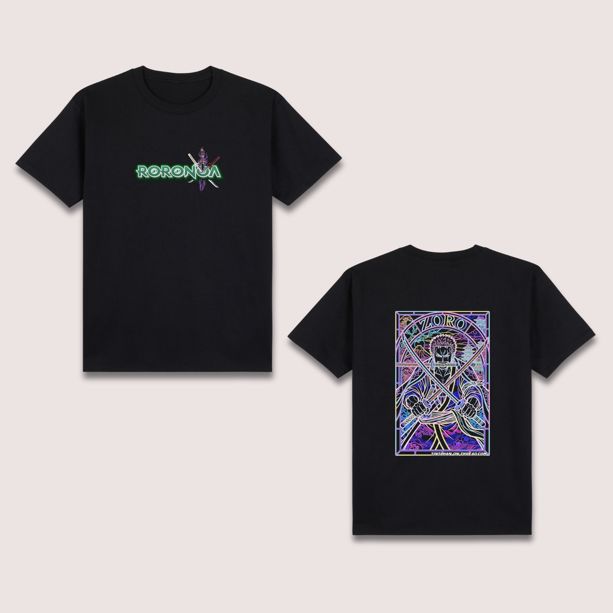 Basic T-Shirt Premium 100% COTTON 200 GSM 
Front and back view of a black streetwear tee. Front: 9x4 neon green "RORONOA" typographic logo with purple sword accents. Back: massive 10x15 RGBY line art of a swordsman with three katanas in a neon stained-glass frame using vibrant Red, Green, Blue, and Yellow energy lines. Only @ Tintahan on Thread.
