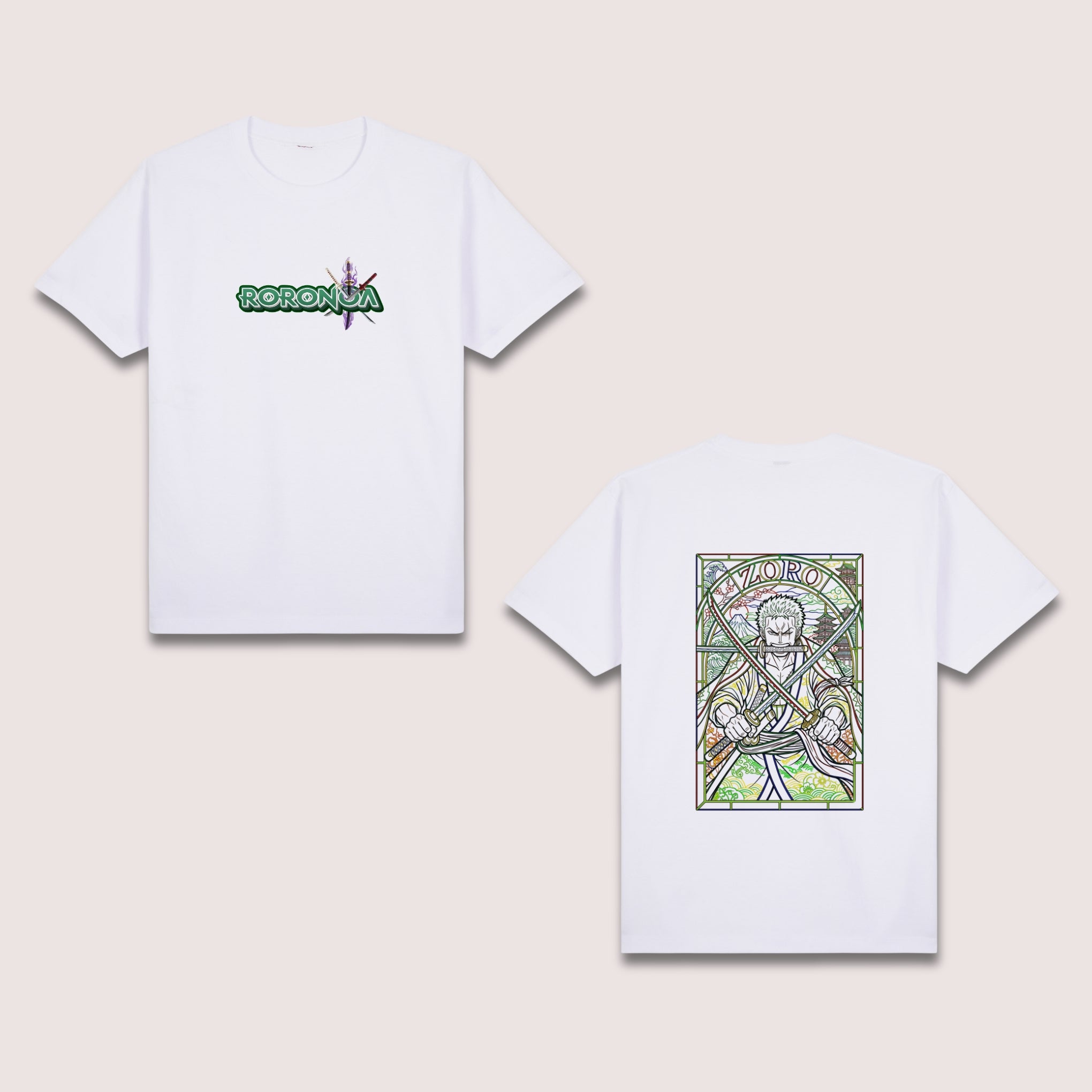 Basic T-Shirt Premium 100% COTTON 200 GSM 
Front and back view of a black streetwear tee. Front: 9x4 neon green "RORONOA" typographic logo with purple sword accents. Back: massive $10 \times 15$ RGBY line art of a swordsman with three katanas in a neon stained-glass frame using vibrant Red, Green, Blue, and Yellow energy lines. Only @ Tintahan on Thread.

