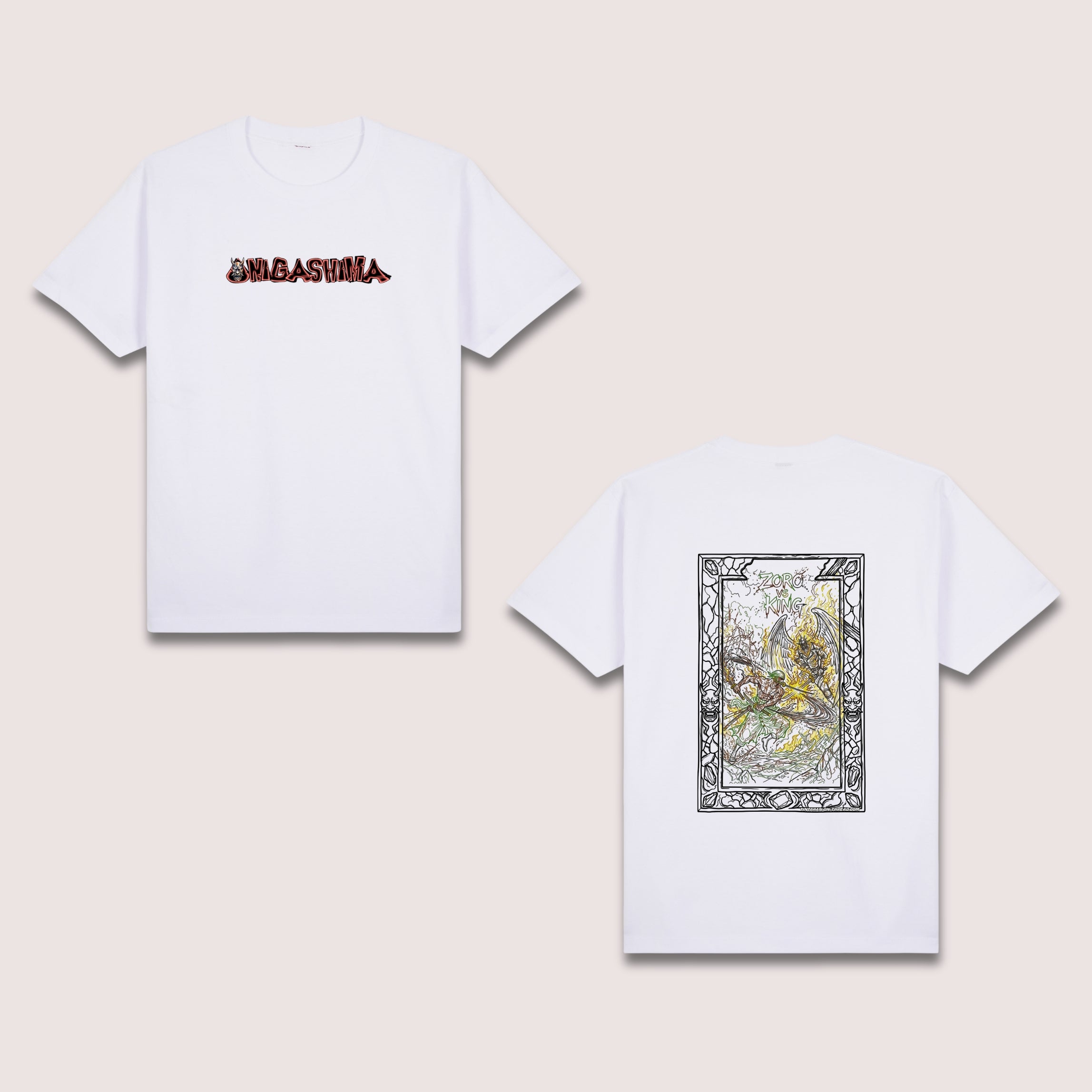 Basic T-Shirt Premium 100% COTTON 200 GSM 
Front and back view of a white streetwear tee. Front: a minimalist ONI mask and 10x2 "ONIGASHIMA" text in a jagged red and black font. Back: massive 10x15 sketch-style line art of a swordsman with green and yellow flame accents, encased in a decorative black gothic frame. Only @ Tintahan-on-Thread
