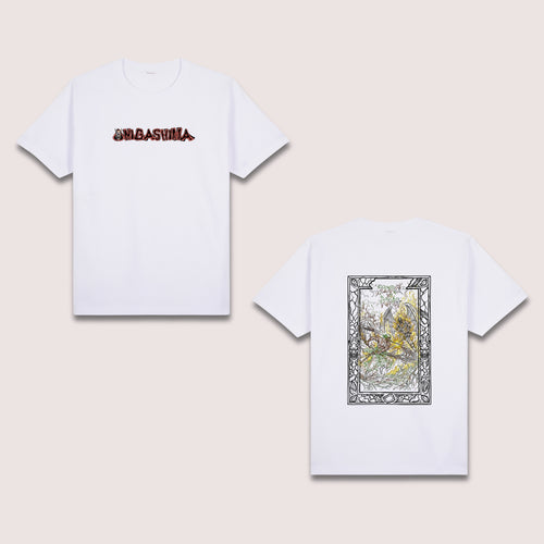 Basic T-Shirt Premium 100% COTTON 200 GSM 
Front and back view of a white streetwear tee. Front: a minimalist ONI mask and 10x2 "ONIGASHIMA" text in a jagged red and black font. Back: massive 10x15 sketch-style line art of a swordsman with green and yellow flame accents, encased in a decorative black gothic frame. Only @ Tintahan-on-Thread
